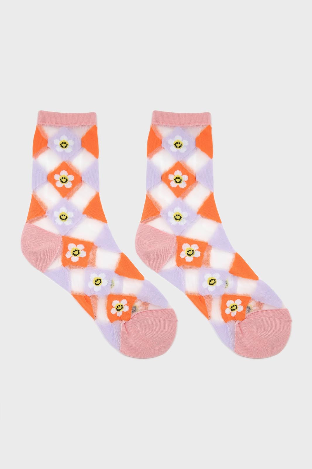 Orange and white diamond smily daisy sheer socks