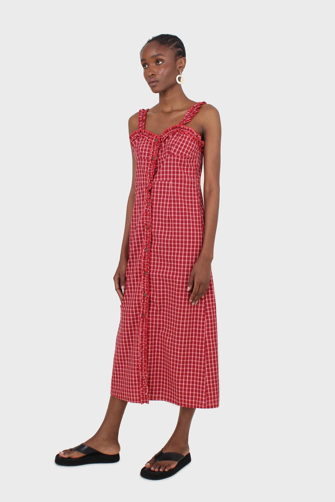 Red checked frill neckline button front midi dress