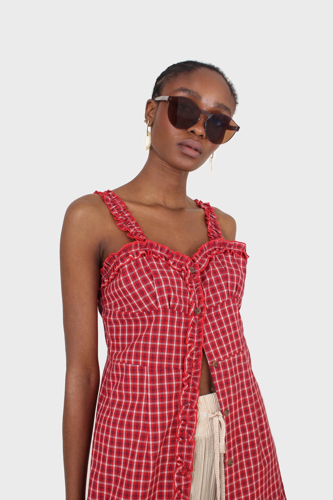 Red checked frill neckline button front midi dress