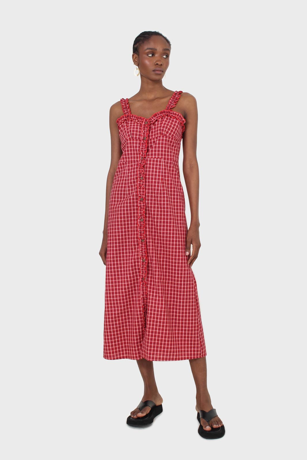 Red checked frill neckline button front midi dress