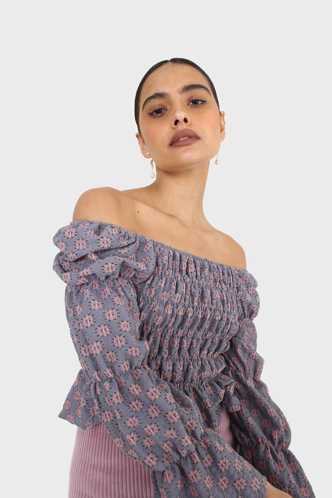 Blue and pink floral print ruched long sleeved top