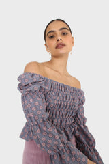 Blue and pink floral print ruched long sleeved top