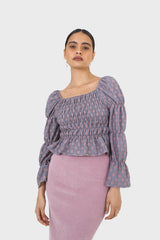 Blue and pink floral print ruched long sleeved top