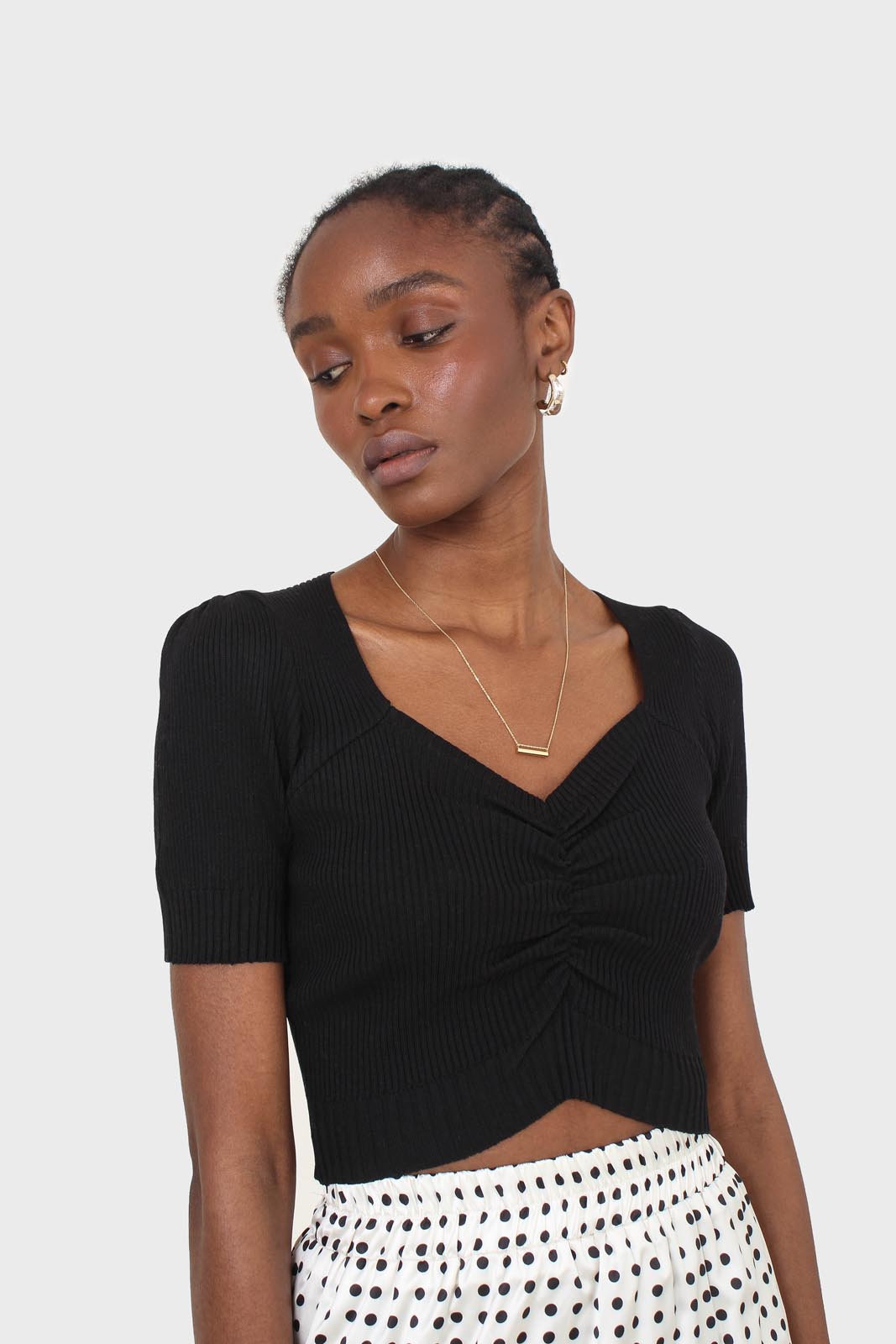 Black ruched front knitted top