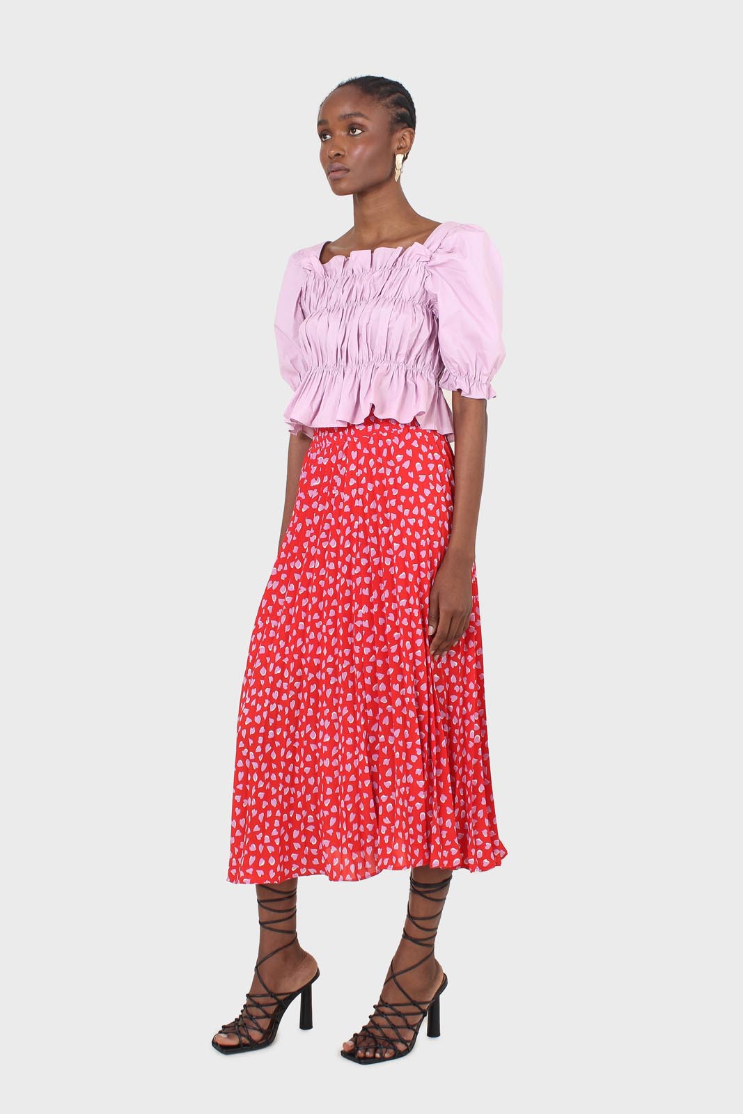Purple ruched puff sleeve cropped top