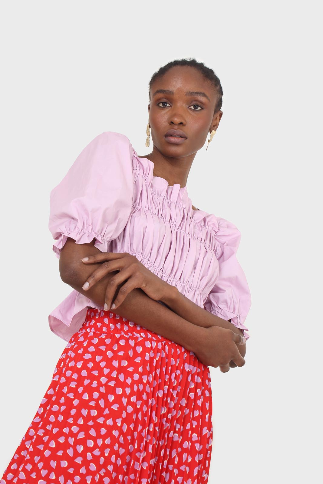 Purple ruched puff sleeve cropped top