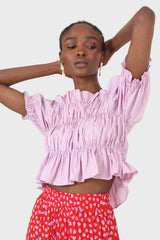 Purple ruched puff sleeve cropped top