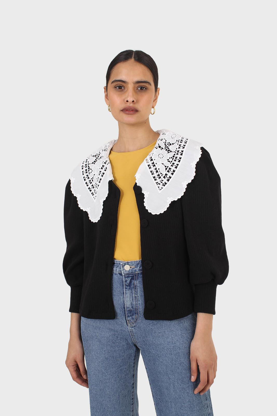 Black and ivory detachable lace collar cardigan