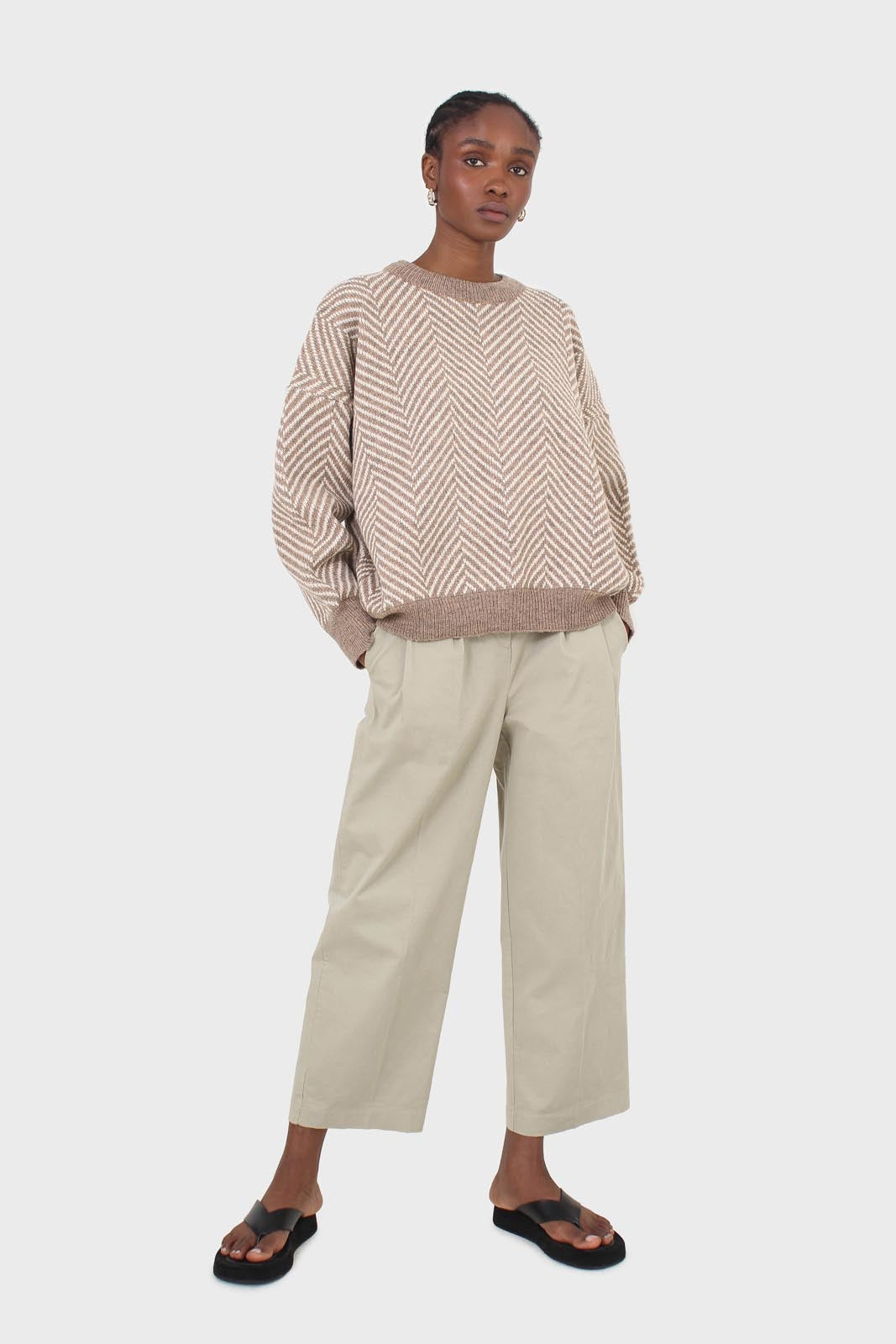 Khaki pleat front adjustable waistband trousers