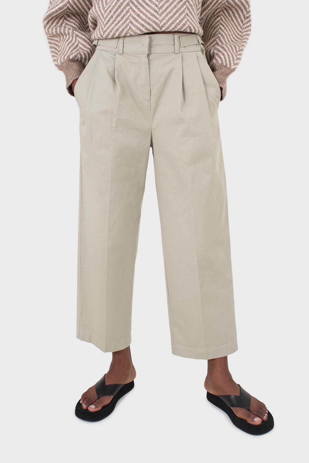 Khaki pleat front adjustable waistband trousers