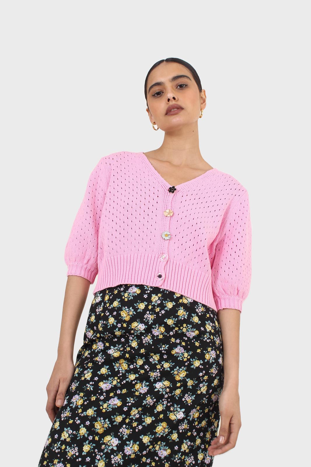 Pink flower button cardigan