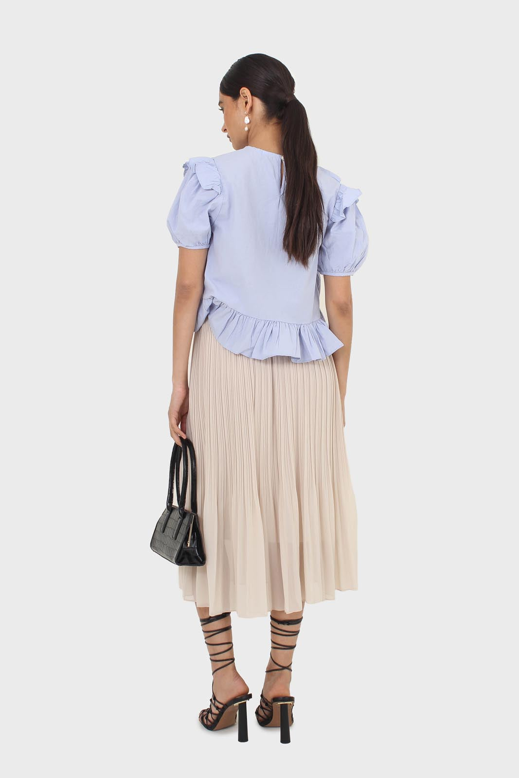 Sky blue asymmetric frill short sleeved top