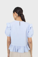 Sky blue asymmetric frill short sleeved top