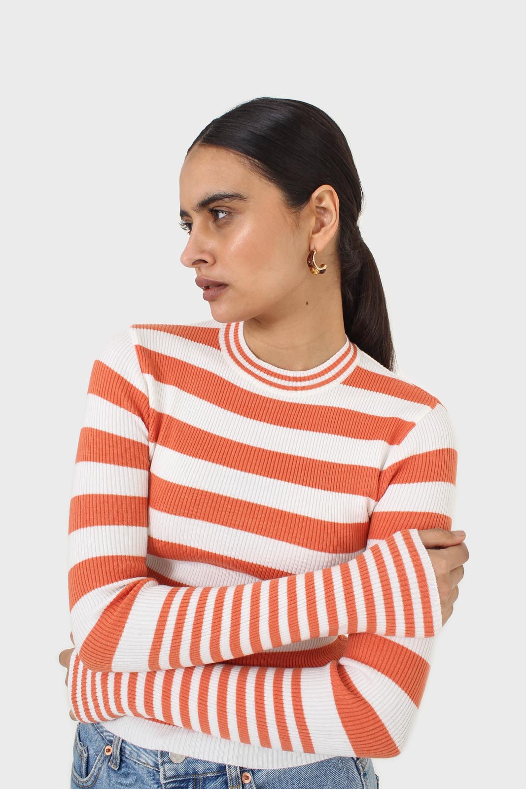 Orange and white breton stripe long sleeved top