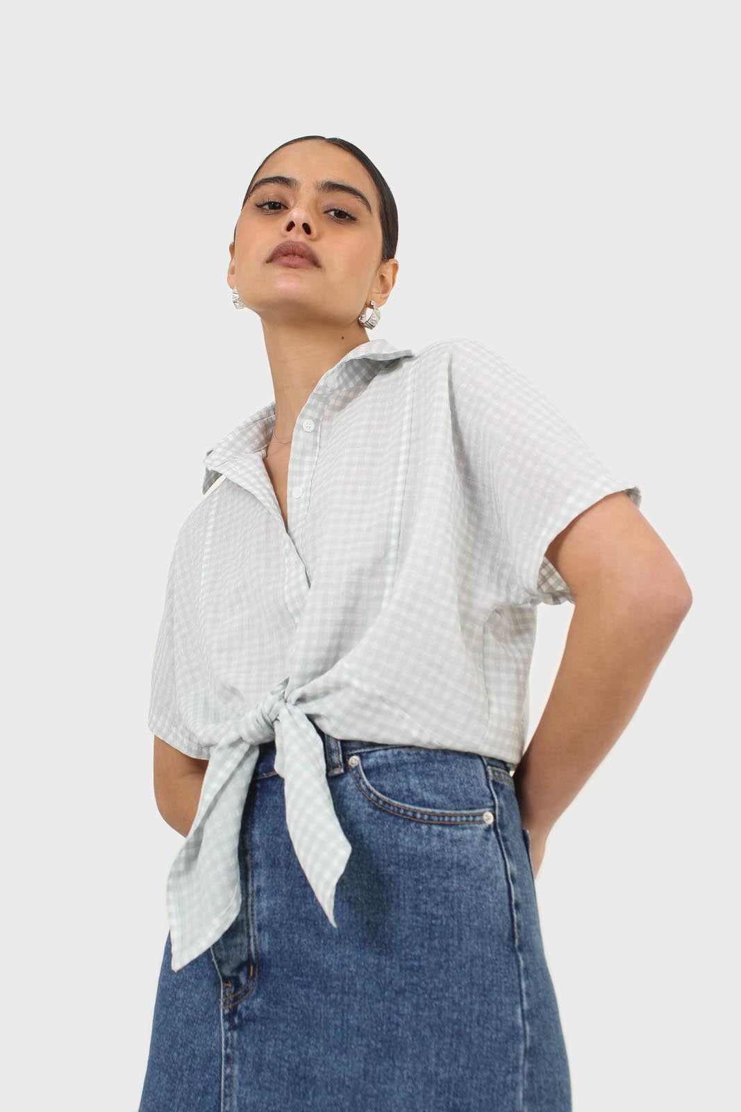 Mint and ivory gingham tie front shirt