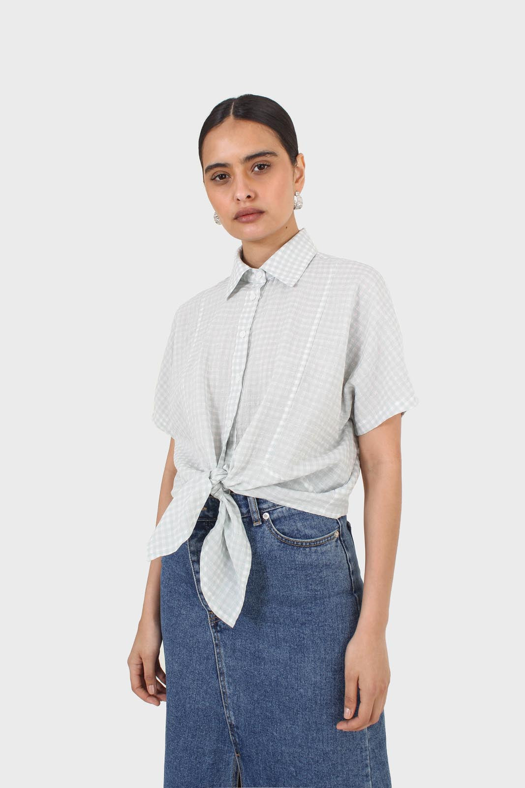 Mint and ivory gingham tie front shirt