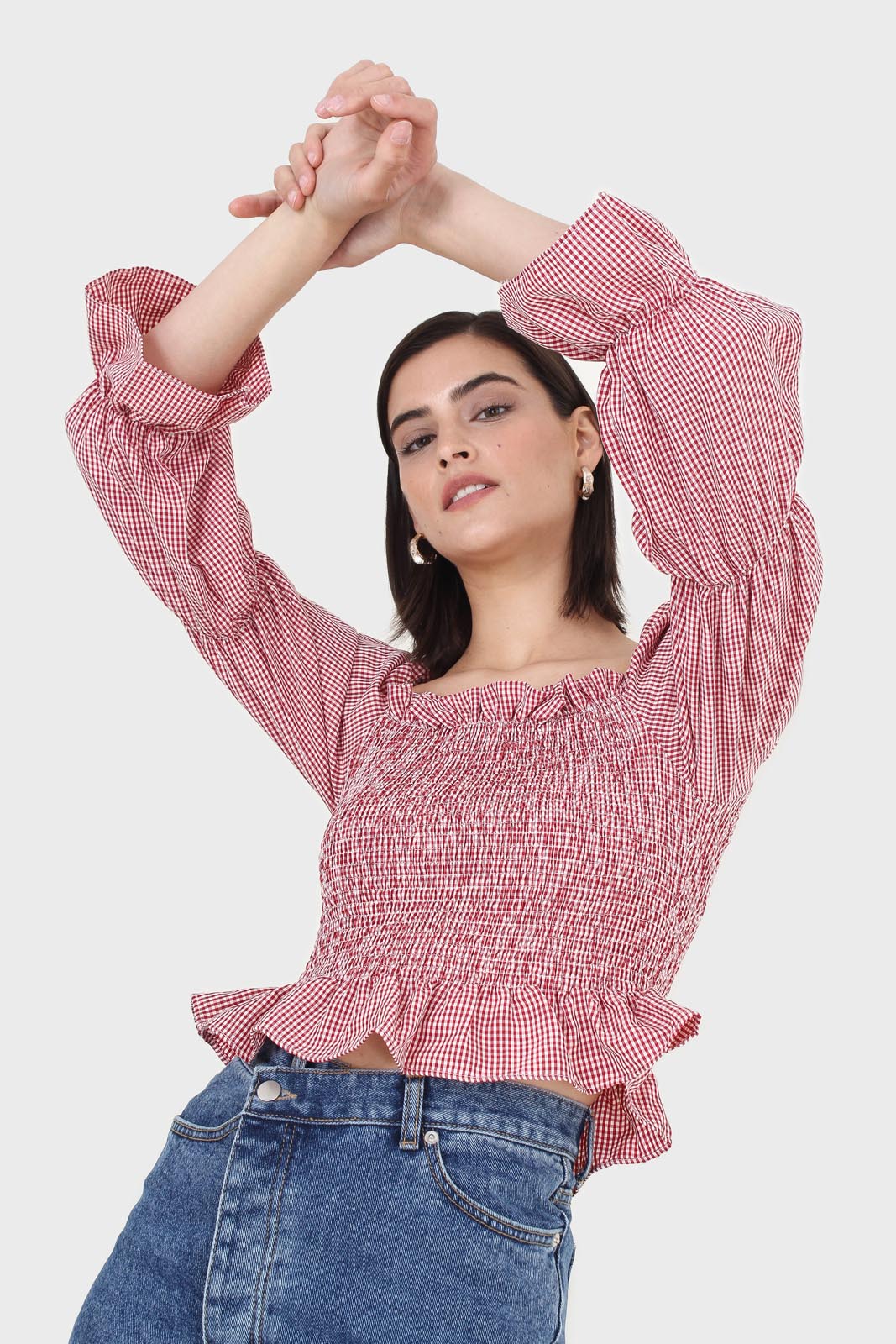 Red and white gingham ruched blouse