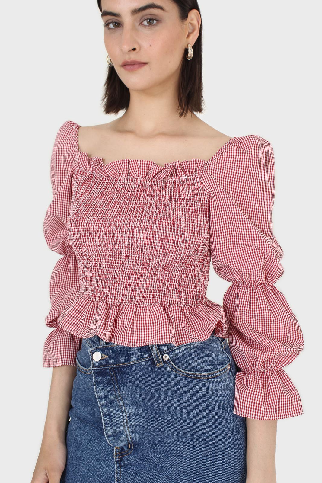 Red and white gingham ruched blouse