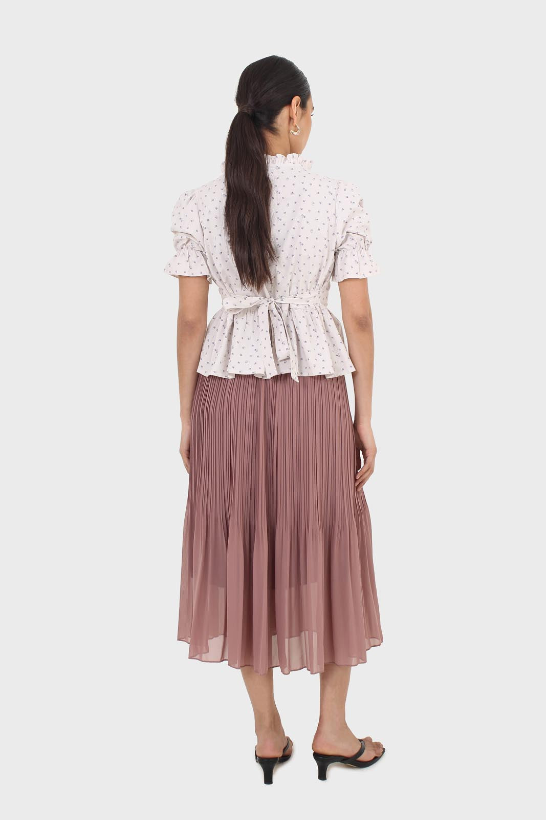 Oatmeal and lilac tiny flower print peasant blouse