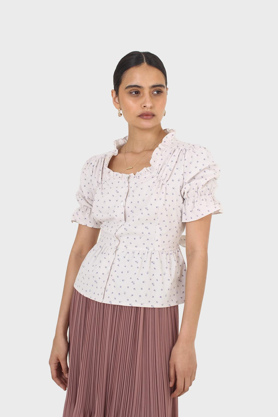 Oatmeal and lilac tiny flower print peasant blouse