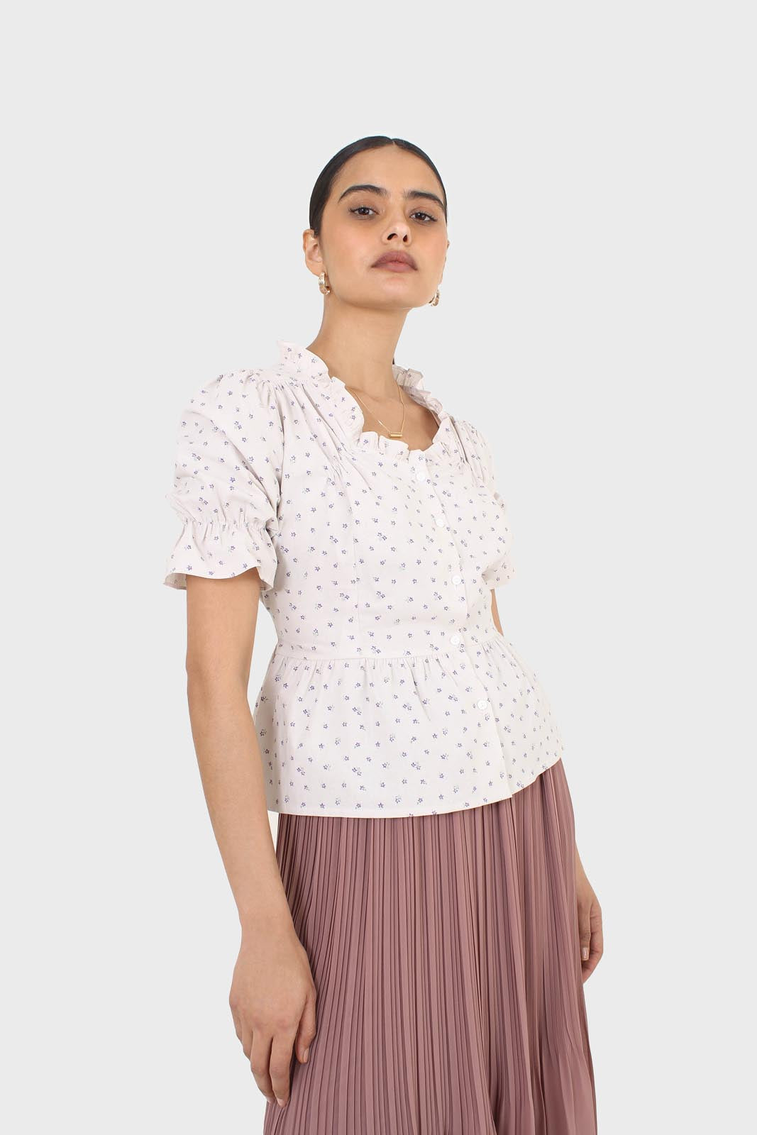 Oatmeal and lilac tiny flower print peasant blouse