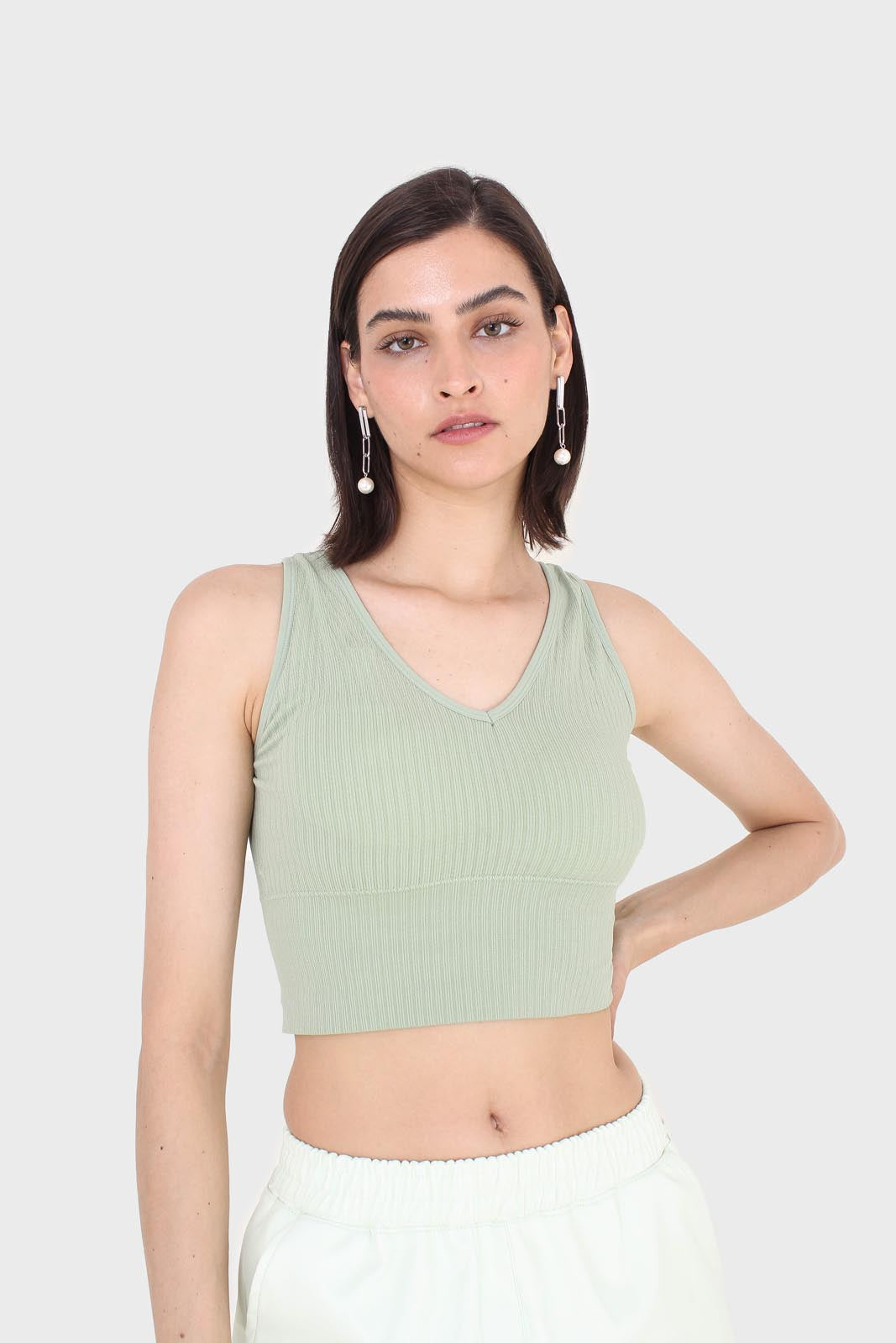 Sage green ribbed thick band v-neck bra top