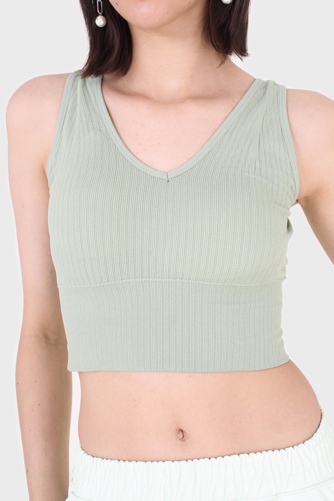 Sage green ribbed thick band v-neck bra top