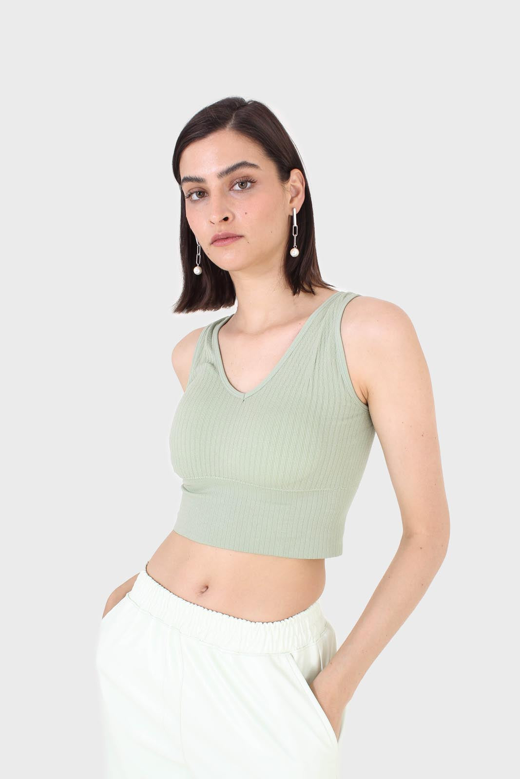 Sage green ribbed thick band v-neck bra top