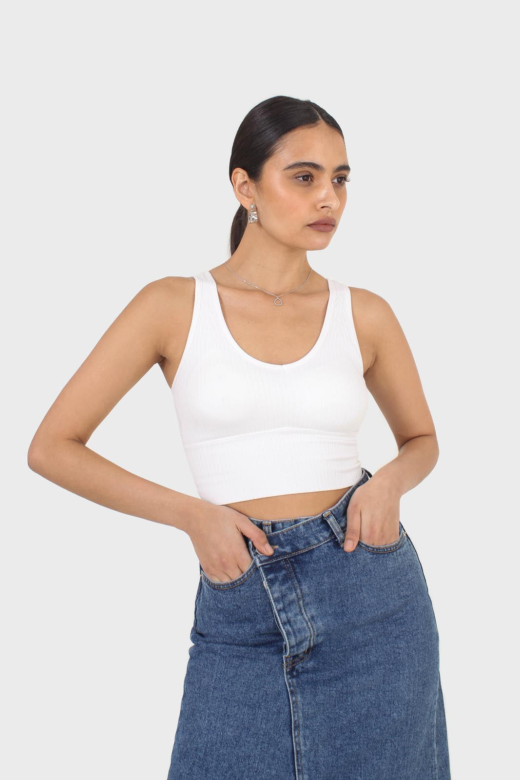 Ivory ribbed thick band v-neck bra top