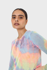 Pink blue and yellow tie dye mesh long sleeved top