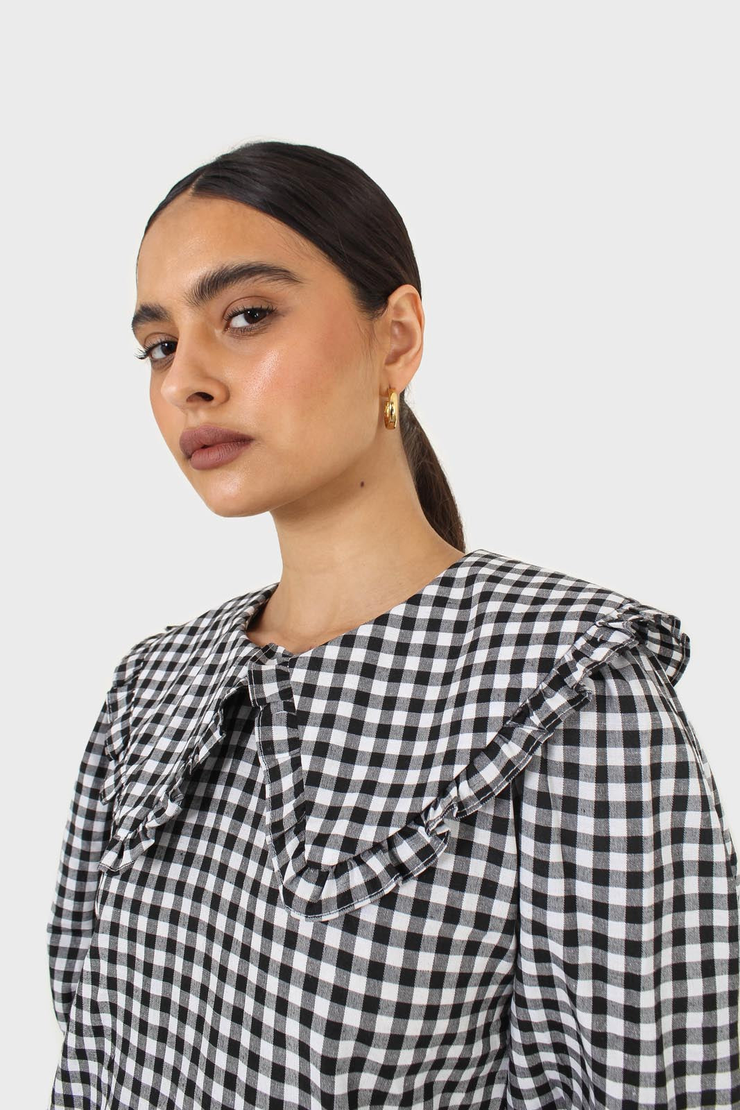 Black and ivory gingham large collar mini dress