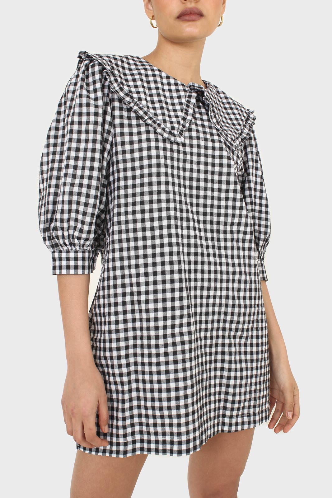 Black and ivory gingham large collar mini dress
