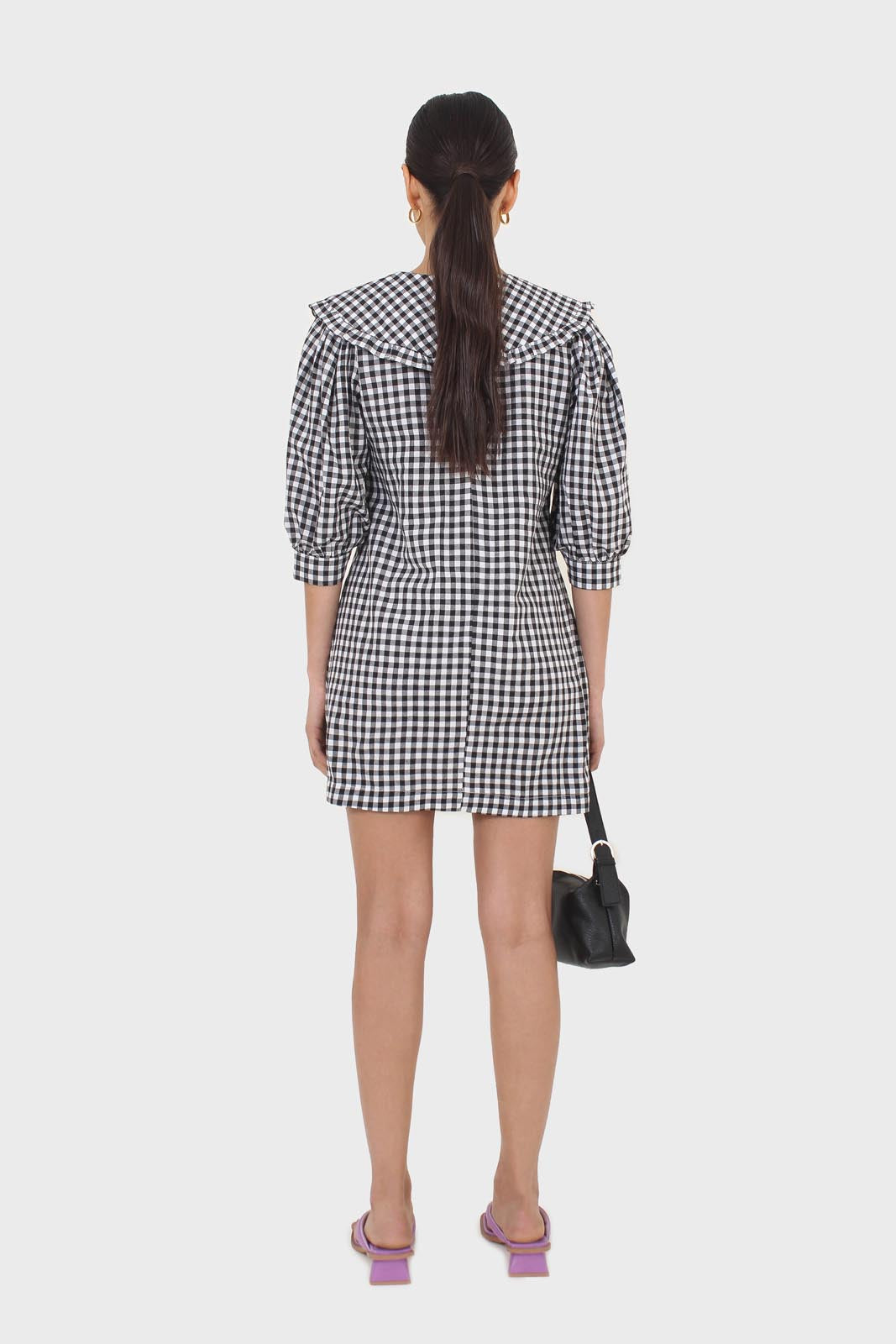 Black and ivory gingham large collar mini dress