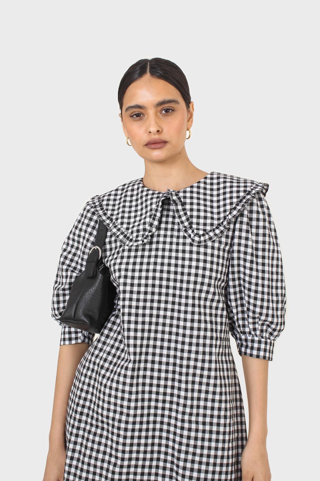 Black and ivory gingham large collar mini dress