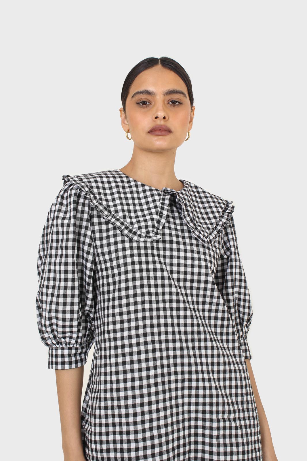 Black and ivory gingham large collar mini dress