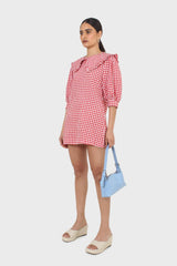 Red and ivory gingham large collar mini dress