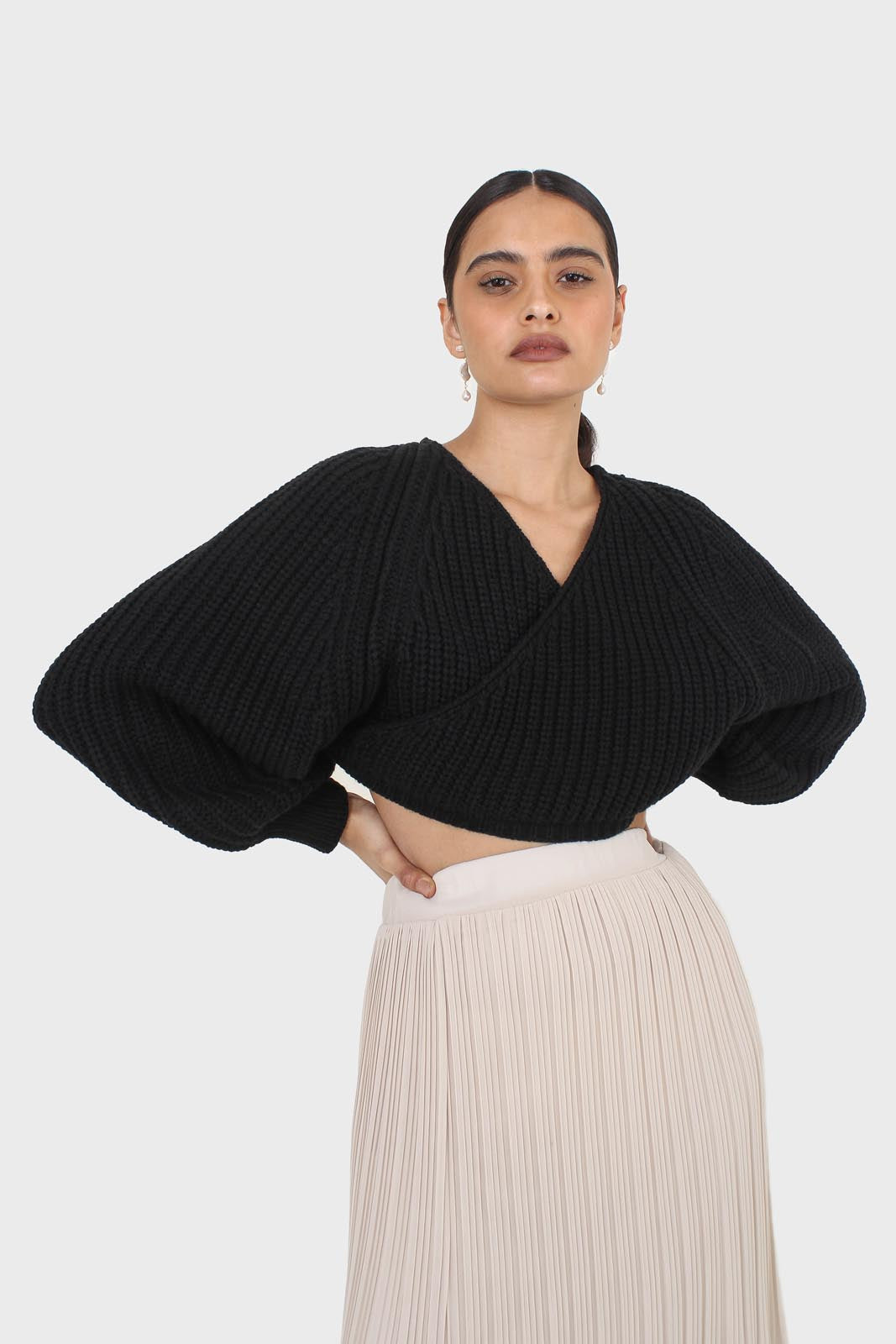 Black cross over balloon sleeve sweater