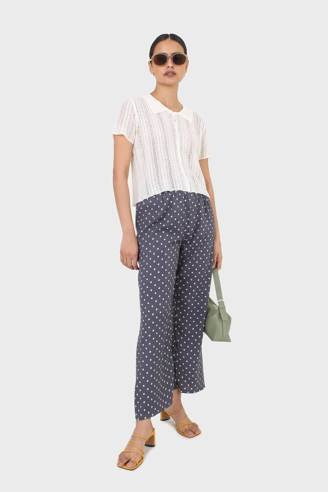 Blue and ivory polka dot loose fit silky trousers