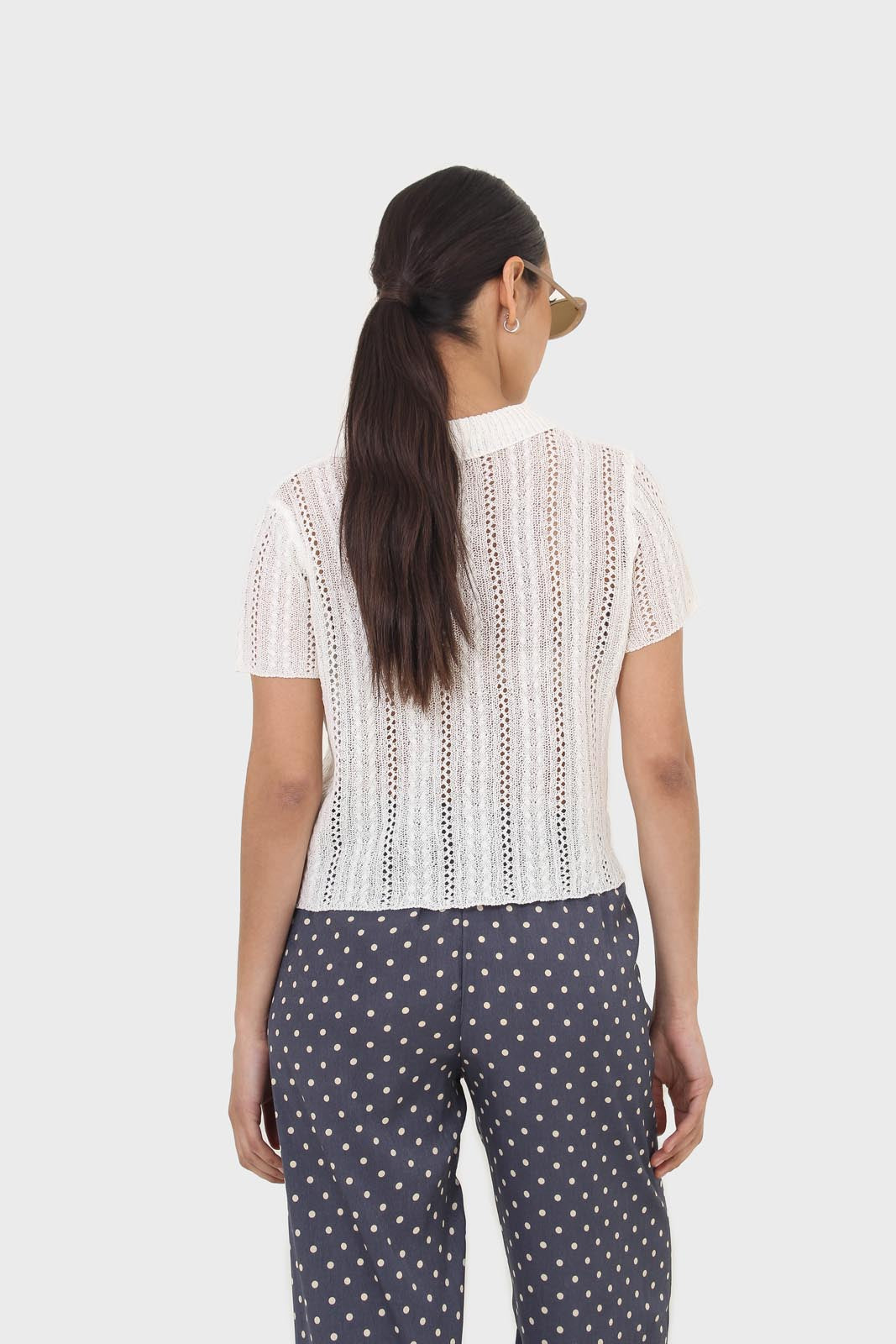 Blue and ivory polka dot loose fit silky trousers