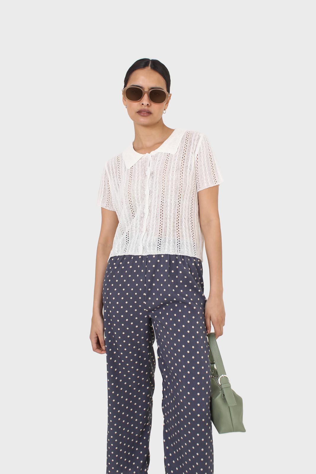 Blue and ivory polka dot loose fit silky trousers