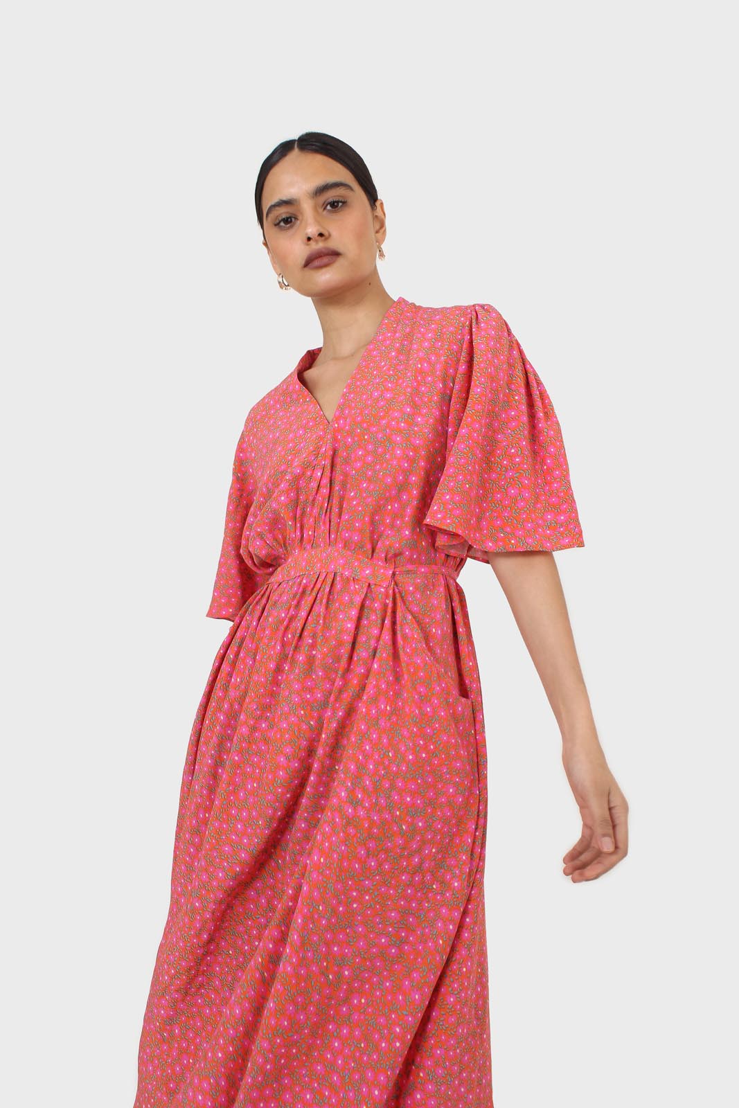 Pink floral print tie back maxi dress