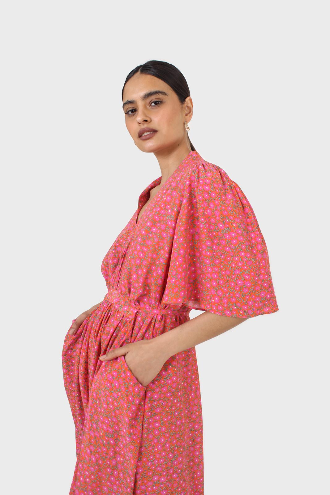 Pink floral print tie back maxi dress