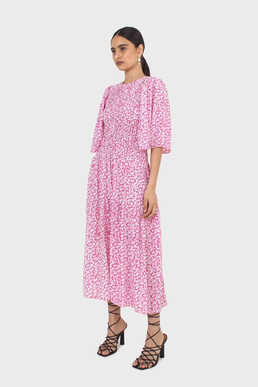 Pink tiny flower smocked bodice midi dress