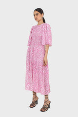 Pink tiny flower smocked bodice midi dress