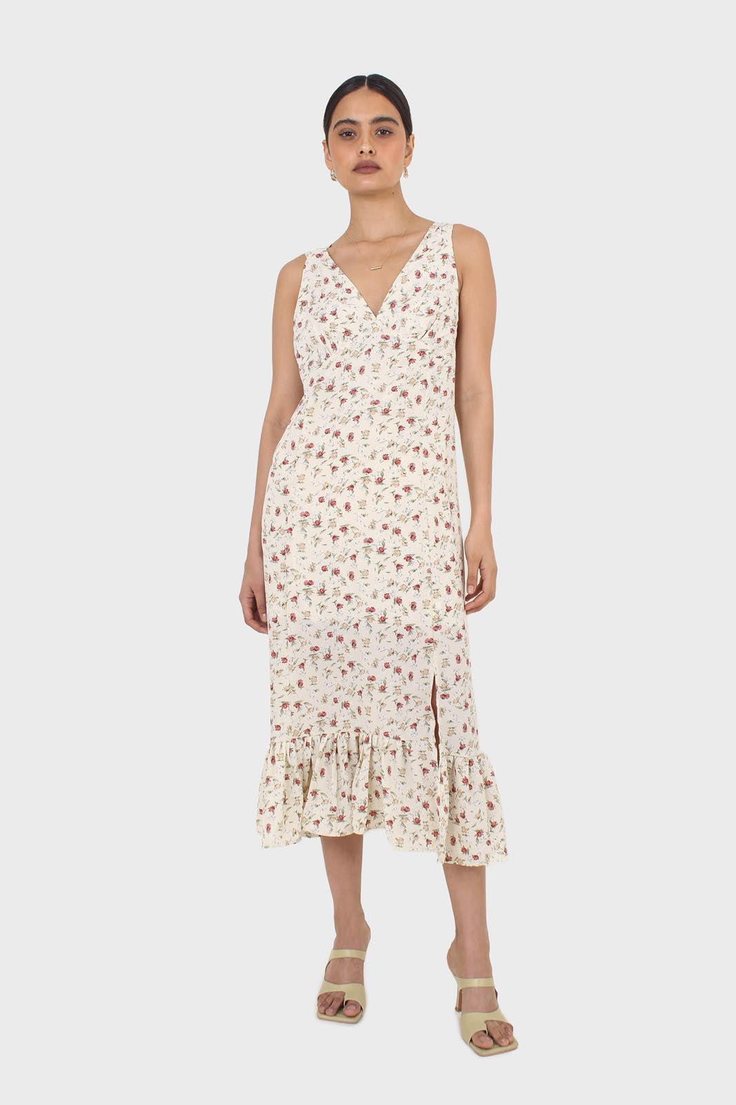 Ivory and red floral print cross back midi dress