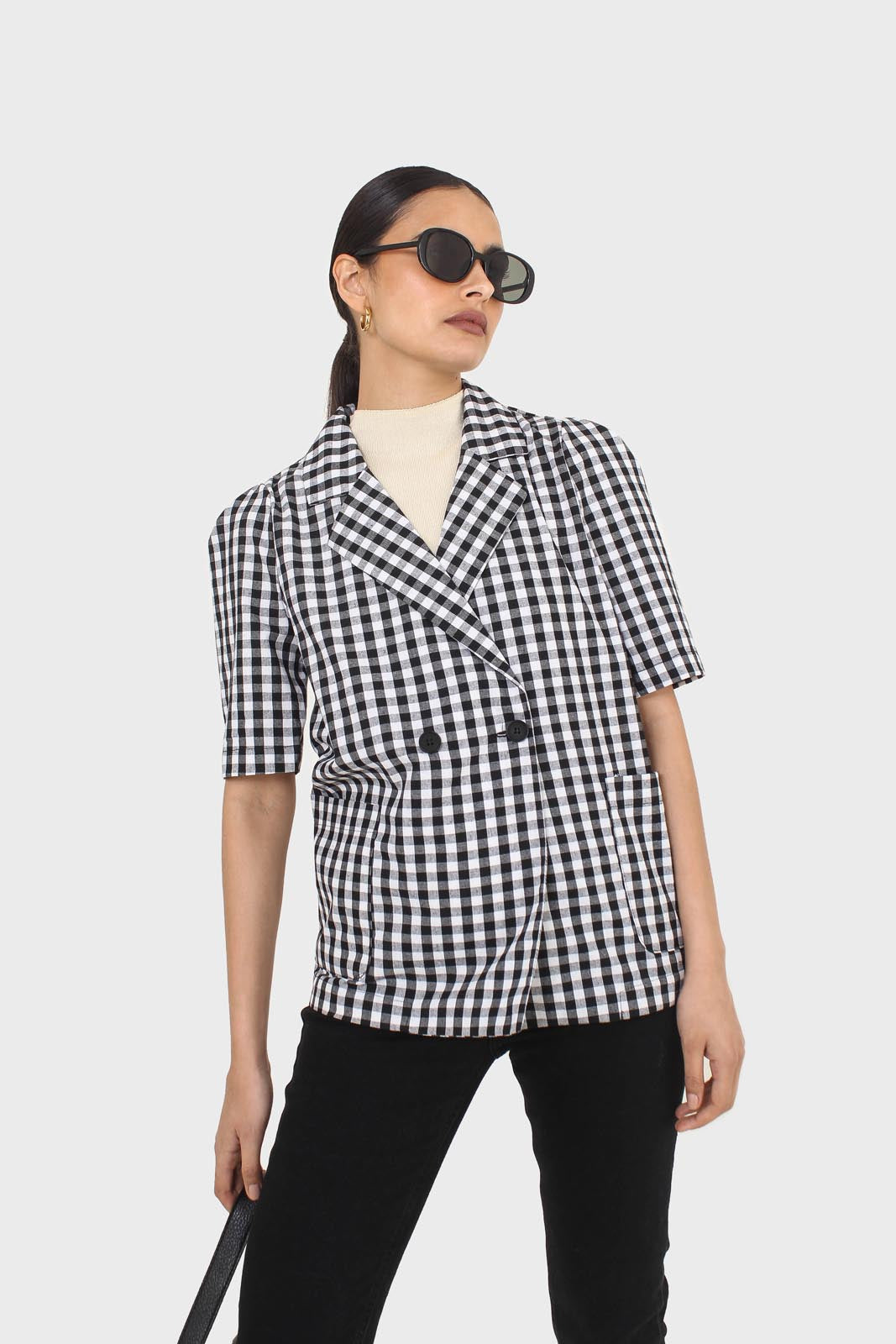 Black and ivory checked short sleeved blazer