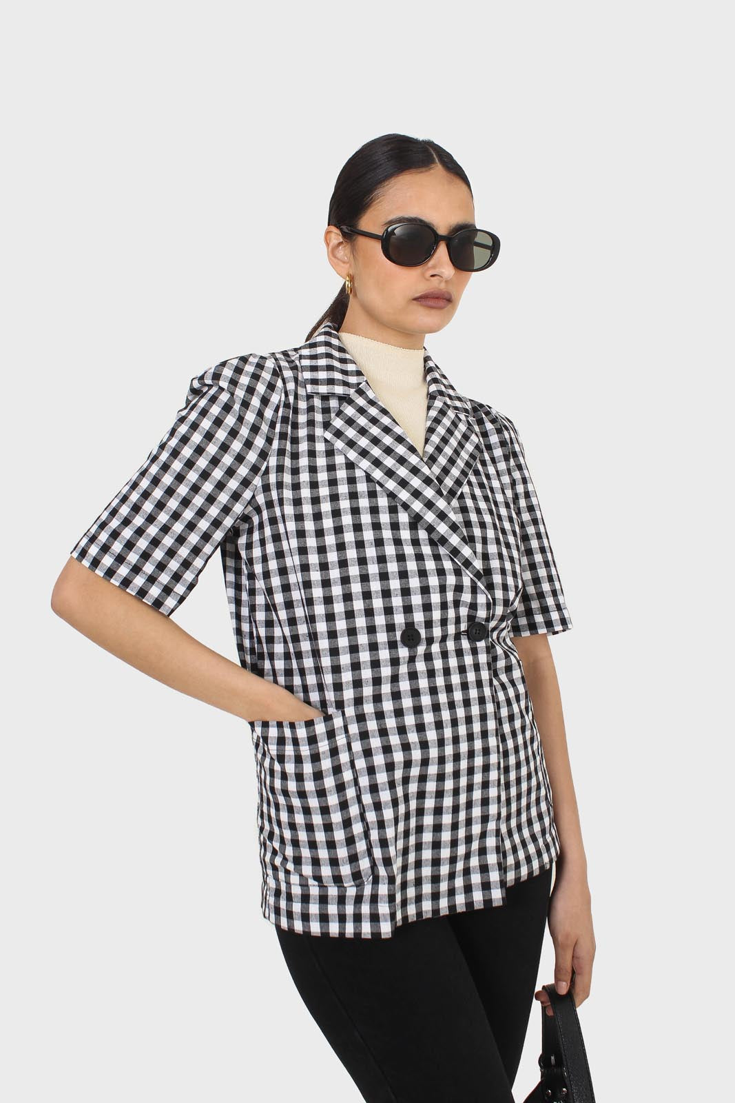 Black and ivory checked short sleeved blazer