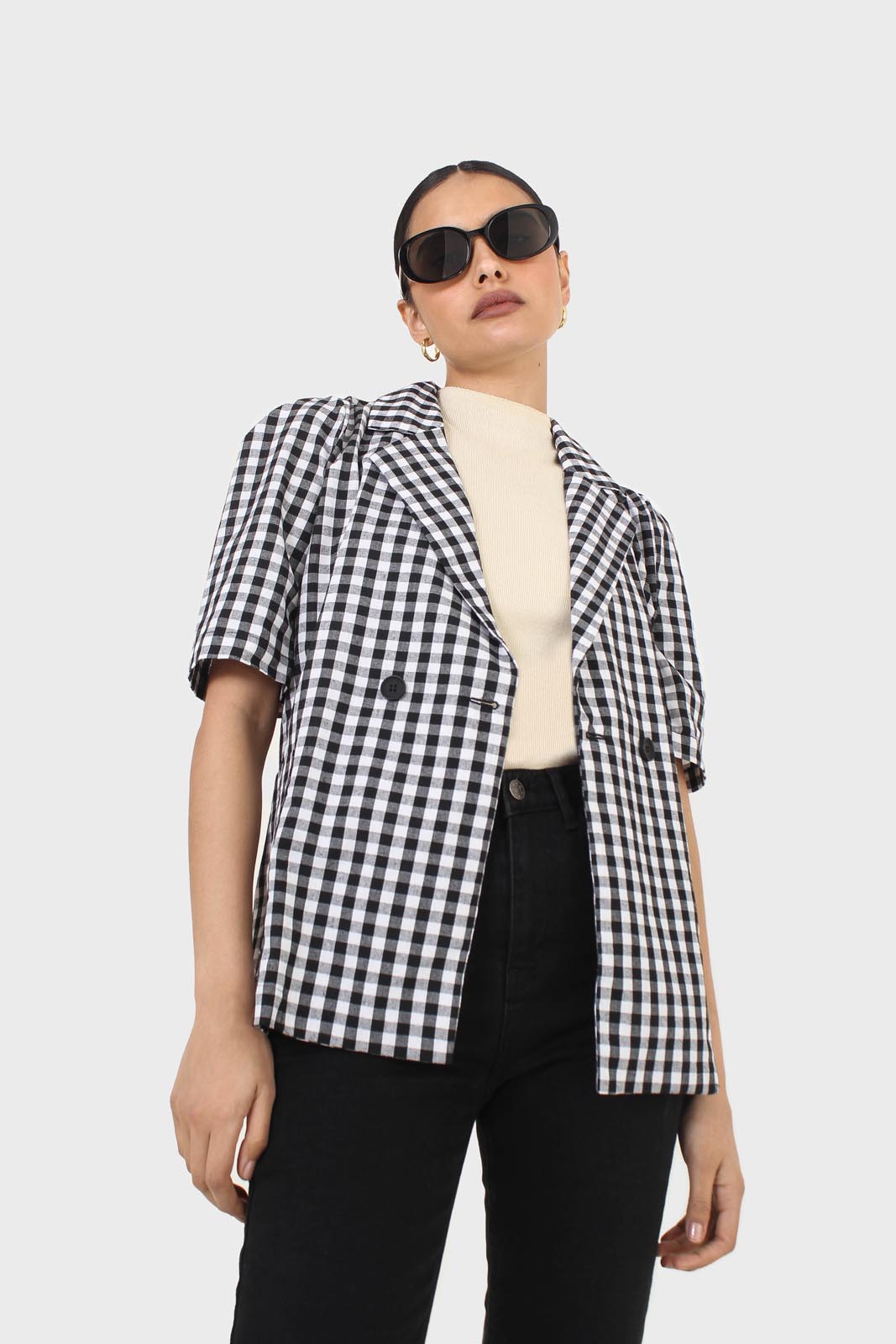 Black and ivory checked short sleeved blazer