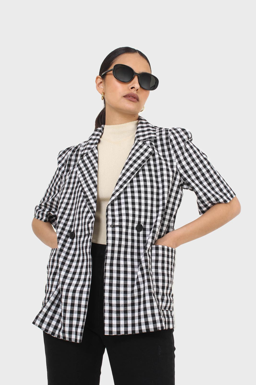 Black and ivory checked short sleeved blazer