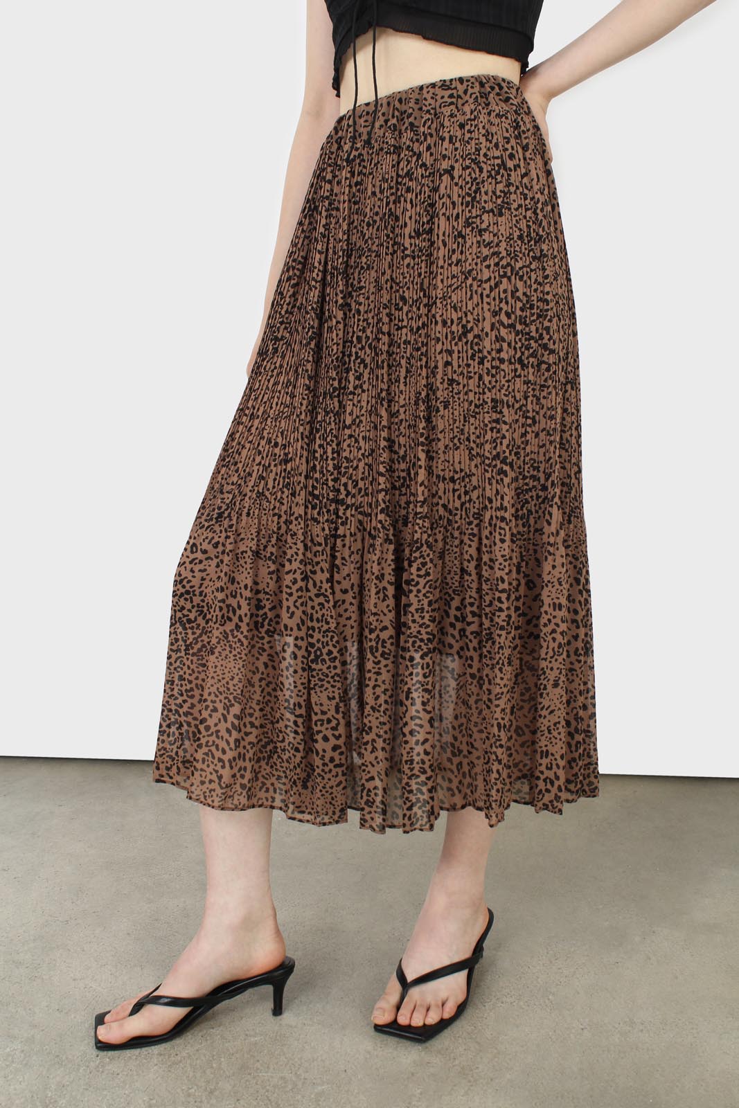 Camel and black animal print silky micro pleat maxi skirt